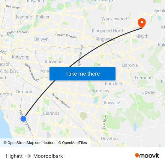 Highett to Mooroolbark map