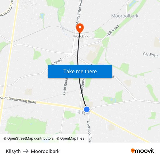 Kilsyth to Mooroolbark map