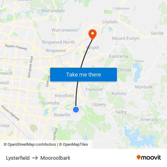 Lysterfield to Mooroolbark map