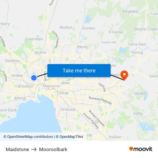 Maidstone to Mooroolbark map