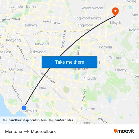 Mentone to Mooroolbark map