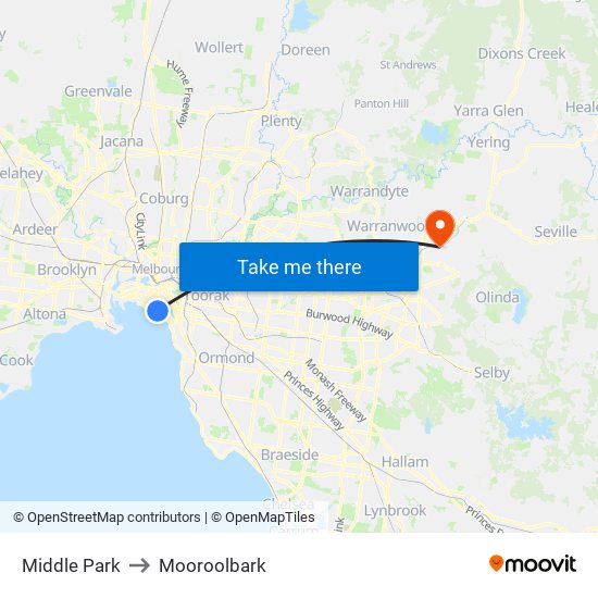 Middle Park to Mooroolbark map