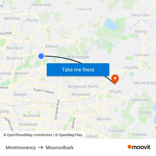 Montmorency to Mooroolbark map