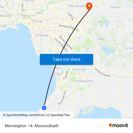 Mornington to Mooroolbark map