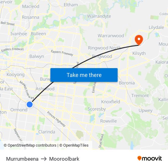 Murrumbeena to Mooroolbark map