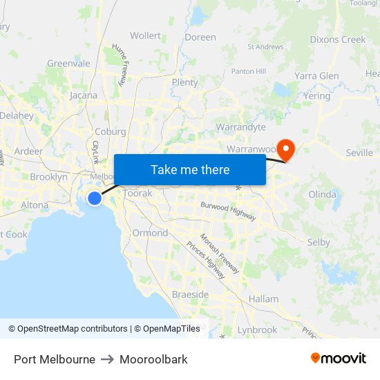 Port Melbourne to Mooroolbark map