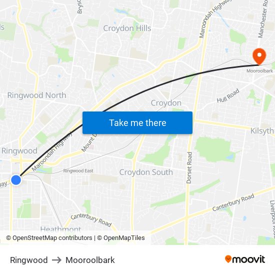 Ringwood to Mooroolbark map