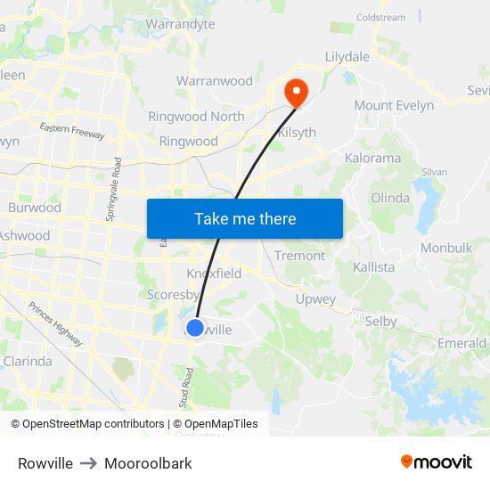 Rowville to Mooroolbark map