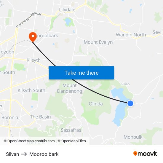 Silvan to Mooroolbark map