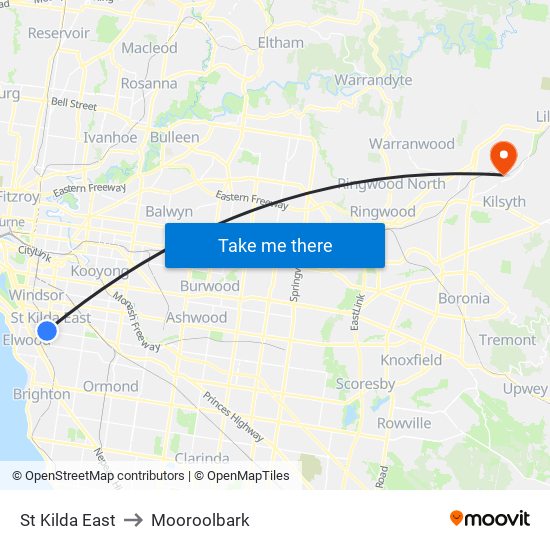 St Kilda East to Mooroolbark map