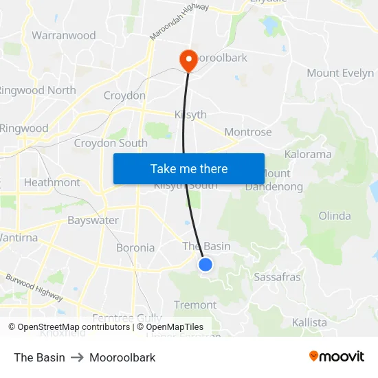 The Basin to Mooroolbark map