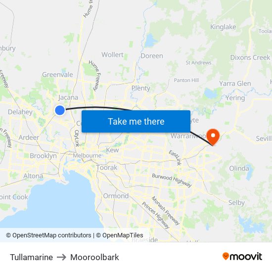 Tullamarine to Mooroolbark map