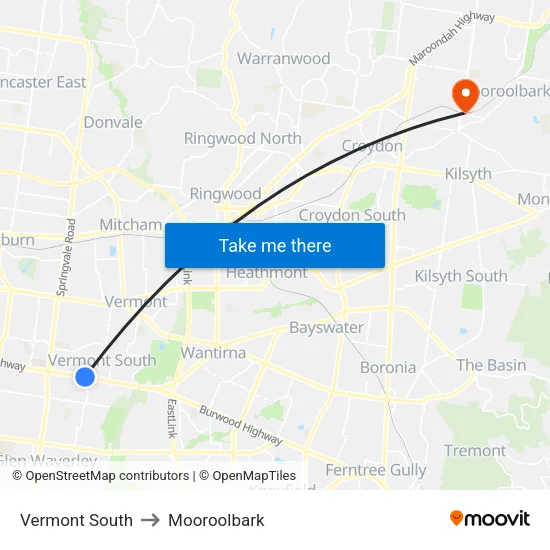 Vermont South to Mooroolbark map