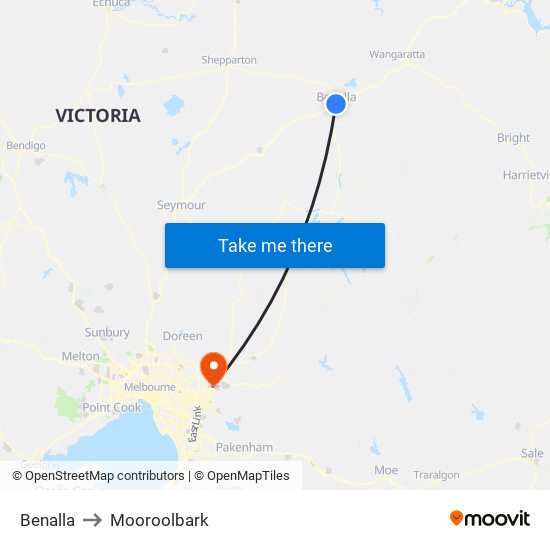 Benalla to Mooroolbark map
