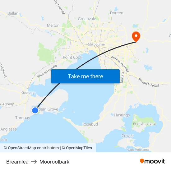 Breamlea to Mooroolbark map