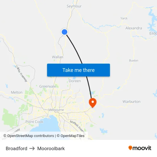 Broadford to Mooroolbark map