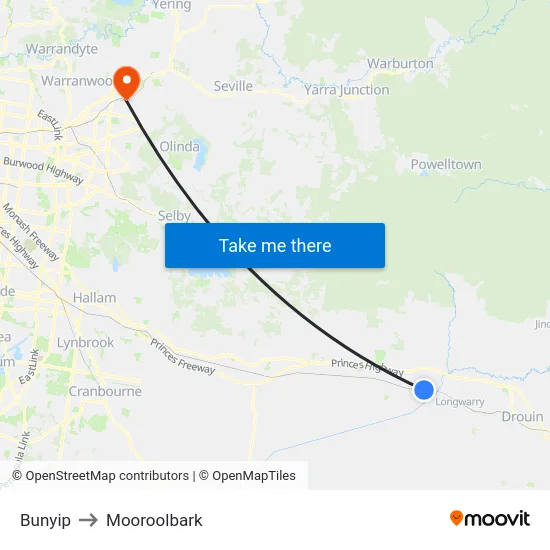 Bunyip to Mooroolbark map