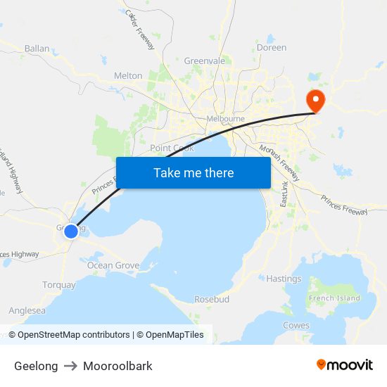 Geelong to Mooroolbark map