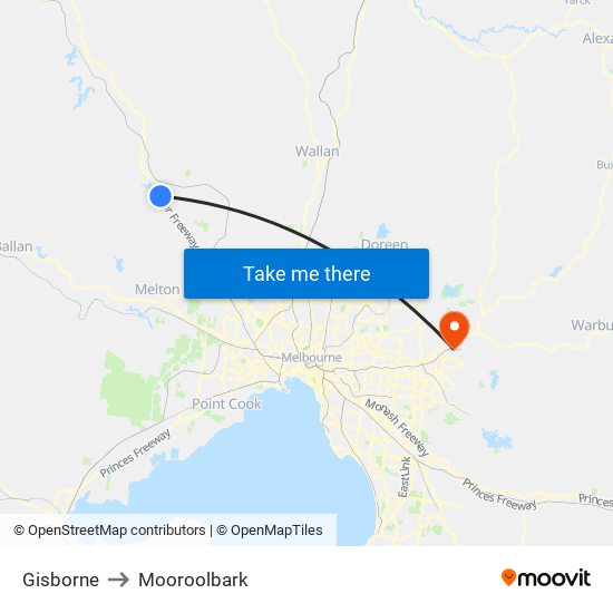 Gisborne to Mooroolbark map