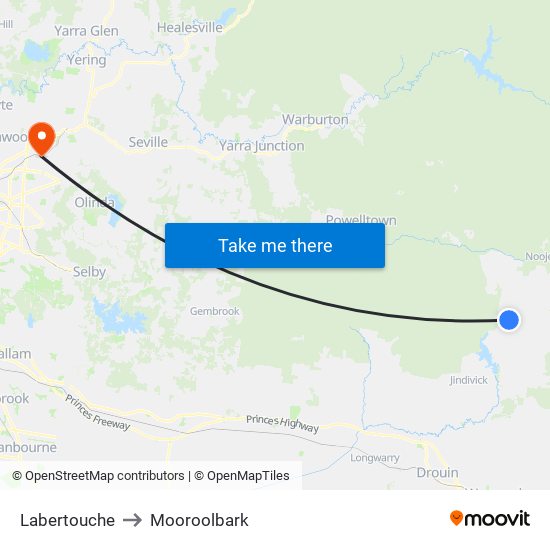 Labertouche to Mooroolbark map