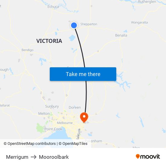 Merrigum to Mooroolbark map