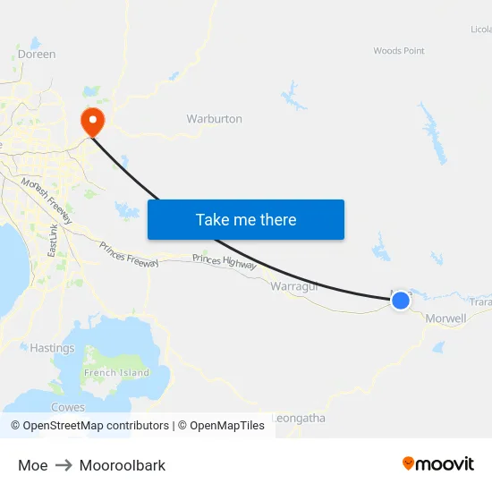 Moe to Mooroolbark map