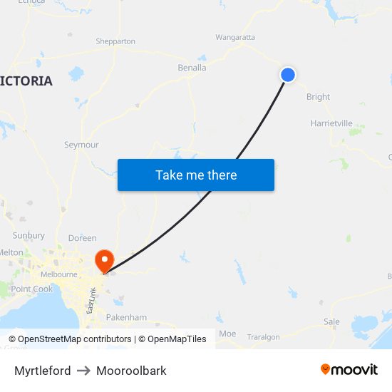 Myrtleford to Mooroolbark map