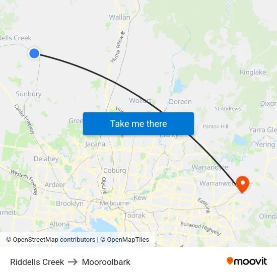 Riddells Creek to Mooroolbark map