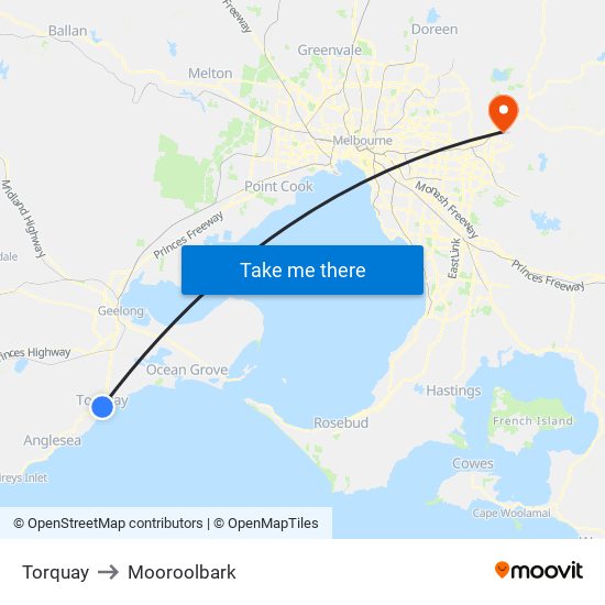 Torquay to Mooroolbark map