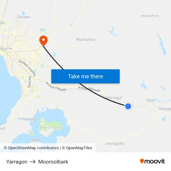 Yarragon to Mooroolbark map