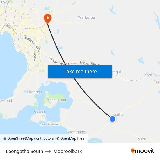 Leongatha South to Mooroolbark map