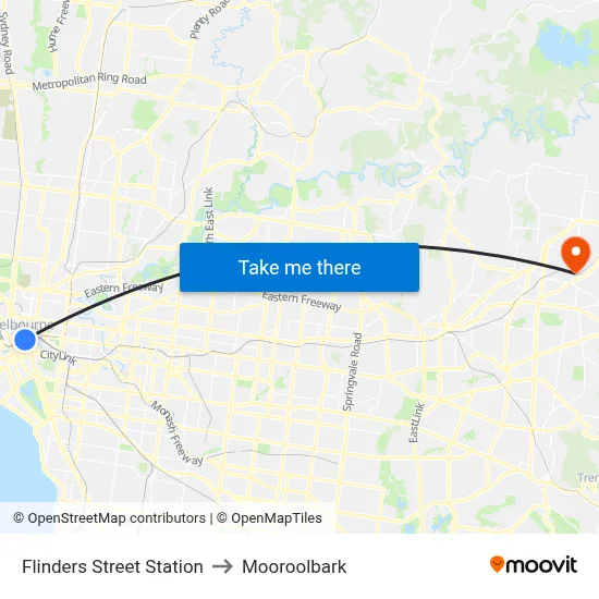 Flinders Street Station to Mooroolbark map