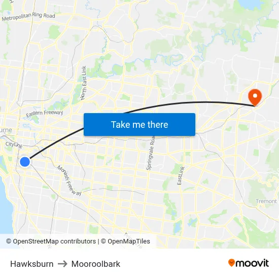 Hawksburn to Mooroolbark map