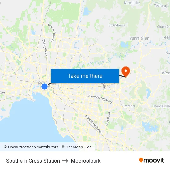 Southern Cross Station to Mooroolbark map