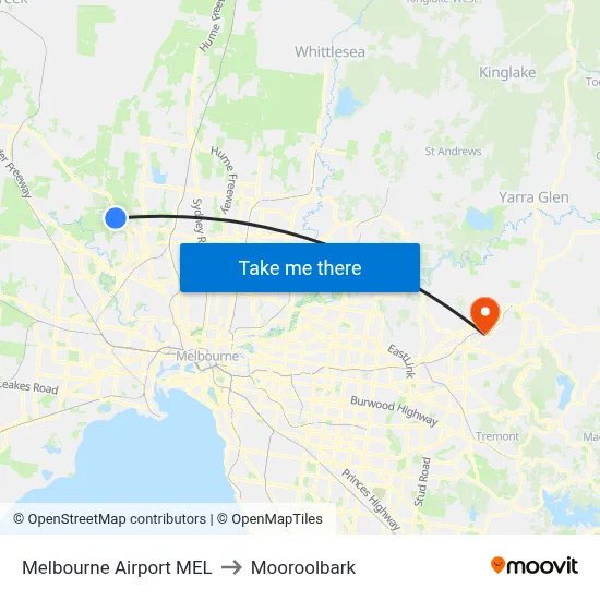 Melbourne Airport MEL to Mooroolbark map