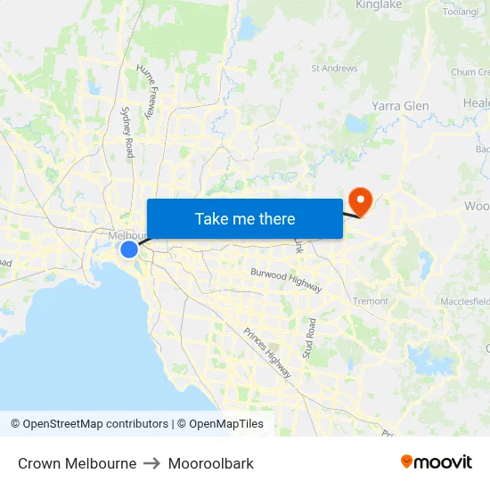 Crown Melbourne to Mooroolbark map
