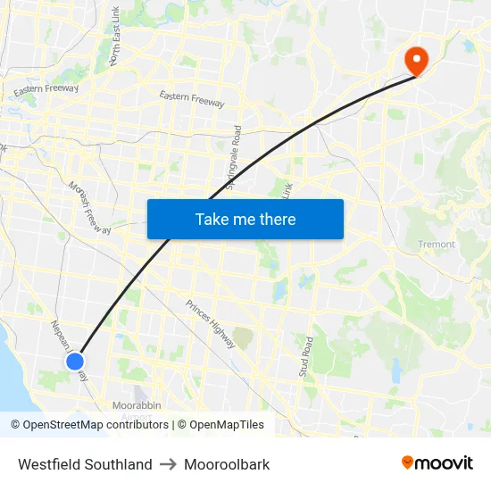 Westfield Southland to Mooroolbark map