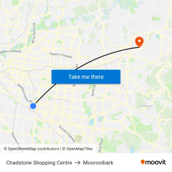 Chadstone Shopping Centre to Mooroolbark map