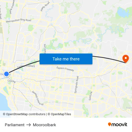 Parliament to Mooroolbark map
