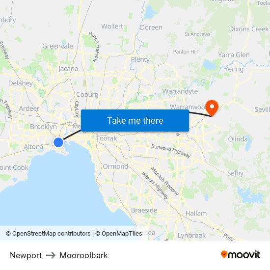 Newport to Mooroolbark map