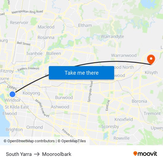 South Yarra to Mooroolbark map