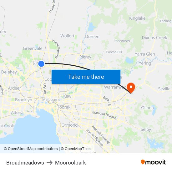 Broadmeadows to Mooroolbark map