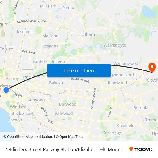 1-Flinders Street Railway Station/Elizabeth St (Melbourne City) to Mooroolbark map