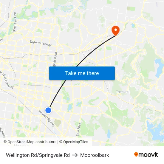 Wellington Rd/Springvale Rd to Mooroolbark map