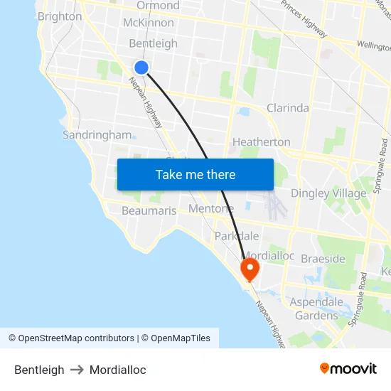 Bentleigh to Mordialloc map