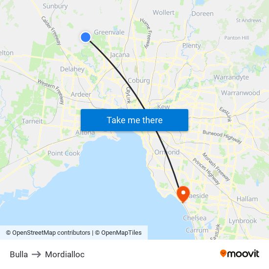 Bulla to Mordialloc map