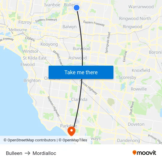 Bulleen to Mordialloc map