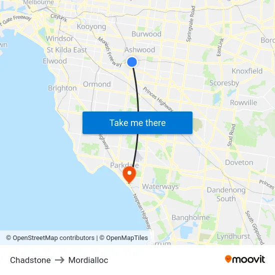 Chadstone to Mordialloc map