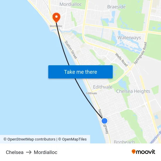 Chelsea to Mordialloc map