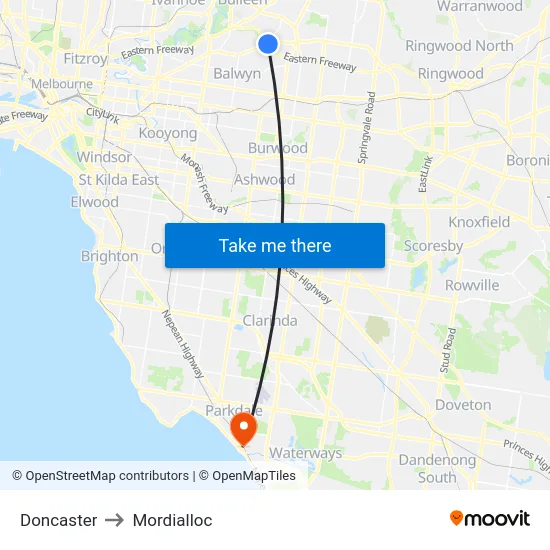 Doncaster to Mordialloc map